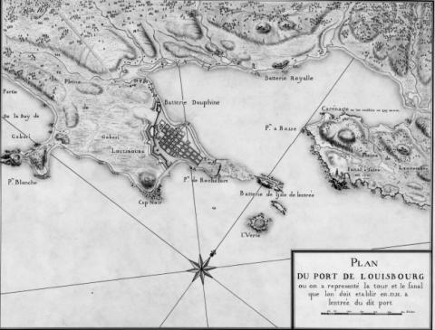 Plan du port de Louisbourg ou on a représenté la tour et le fanal que l'on doit établir en 1731 a l'entrée du dit port, 1730, Bibliothèque et archives Canada/NMC 18402