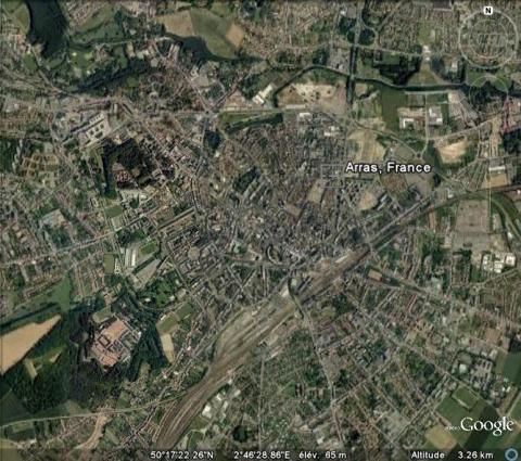 Vue aérienne d’Arras et de sa citadelle, GoogleEarth, 11/07/2010.