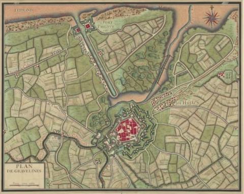 Gravelines, plan de 1700, dans Cartes des environs de plusieurs places entre la Meuse et l’Escaut, pl. 6, gallica.bnf.fr / Bibliothèque nationale de France.