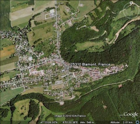 Vue aérienne de Blamont, GoogleEarth, 16/07/2010.