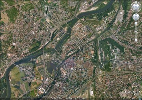 Vue aérienne de Metz, GoogleEarth, 17/08/2010.