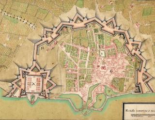 Plan de la ville et de la citadelle de Saint-Martin-de-Ré, plan aquarellé, début XVIIIe siècle. Collection Musée Ernest Cognacq, ville de Saint-Martin-de-Ré